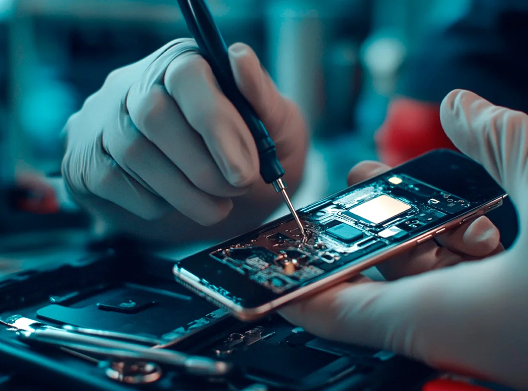 Técnico comparando celulares